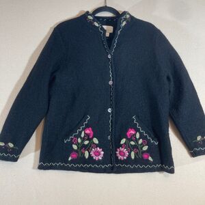 Studio Works Cardigan Sz Large Black Floral Embroidered Wool Made in Australia